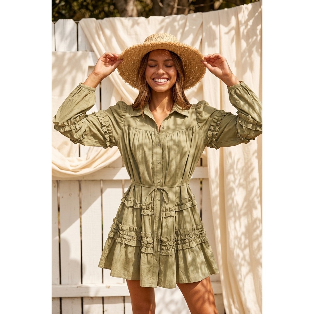 Heyson Sage Green Ruffle Tiered Mini Shirt Dress Long Sleeve SOD1384 NWT Size M